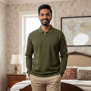 Polo Zipper T-shirt Full Sleeves (Olive)