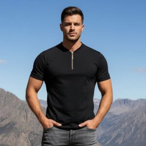 Henley  Zipper T-shirt Half Sleeve (Black)