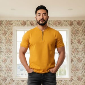 Henley  Zipper T-shirt Half Sleeve (Yellow)