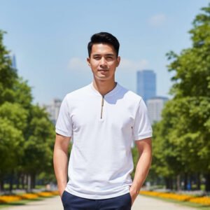 Henley  Zipper T-shirt Half Sleeve (White)