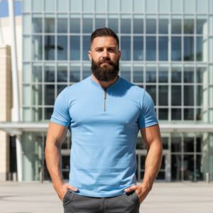 Henley  Zipper T-shirt Half Sleeve (Sky Blue)