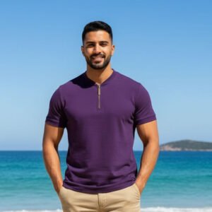Henley  Zipper T-shirt Half Sleeve (Purple)