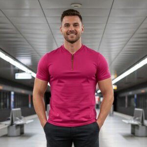 Henley  Zipper T-shirt Half Sleeve (Pink)