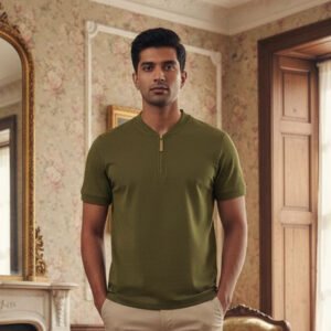Henley  Zipper T-shirt Half Sleeve (Olive)