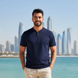 Henley  Zipper T-shirt Half Sleeve (Navy)