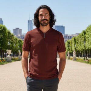 Henley  Zipper T-shirt Half Sleeve (Wine)