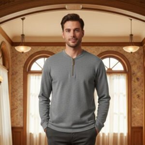 Henley  Zipper T-shirt  Full Sleeve (Grey)