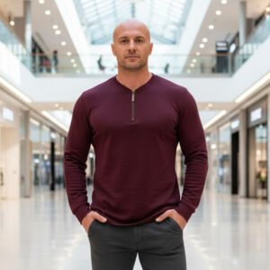 Henley  Zipper T-shirt  Full Sleeve (Wine)