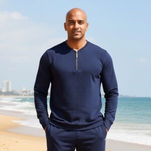 Henley  Zipper T-shirt  Full Sleeve (Navy)