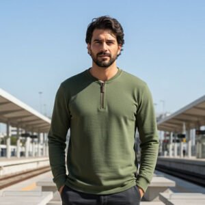 Henley  Zipper T-shirt  Full Sleeve (Olive)