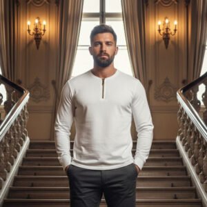 Henley  Zipper T-shirt  Full Sleeve (White)