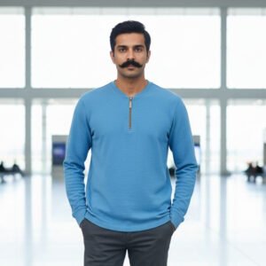 Henley  Zipper T-shirt  Full Sleeve (Sky Blue)