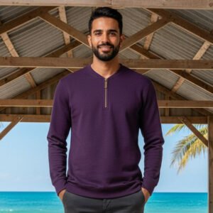 Henley  Zipper T-shirt  Full Sleeve (Purple)